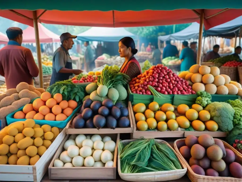 Escena vibrante en mercado con frutas y verduras exóticas, artesanos indígenas y clientes, creando una conexión cultural a través de alimentos