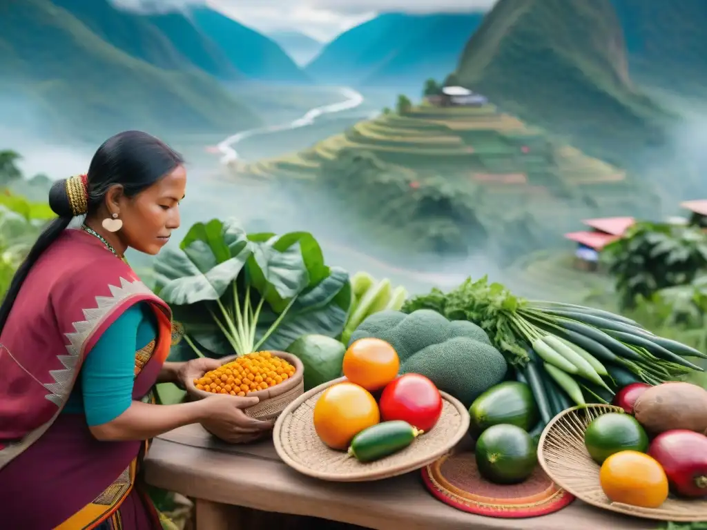 Escena vibrante de mercado indígena con tejidos, artesanías y productos frescos