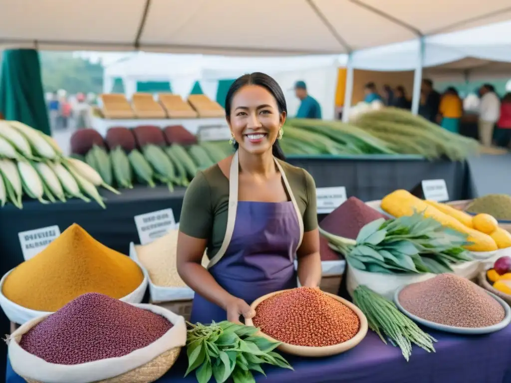 Escena vibrante de un mercado indígena con alimentos tradicionales y clientes diversos