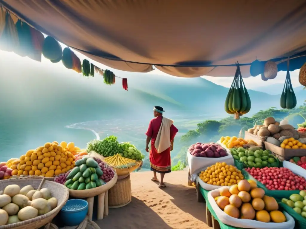 Escena vibrante de mercado indígena con frutas, verduras y comida tradicional