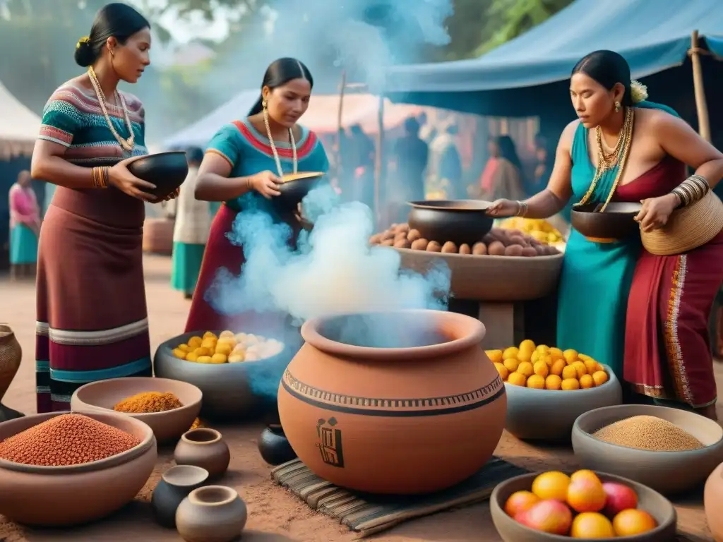 Escena vibrante de mercado indígena con mujeres preparando comida al fuego