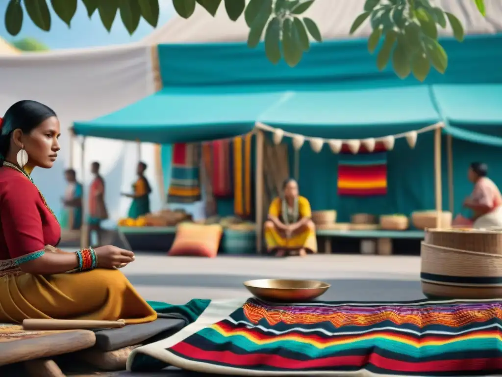 Una escena vibrante de un mercado indígena en una ciudad moderna, con artesanías y alimentos tradicionales