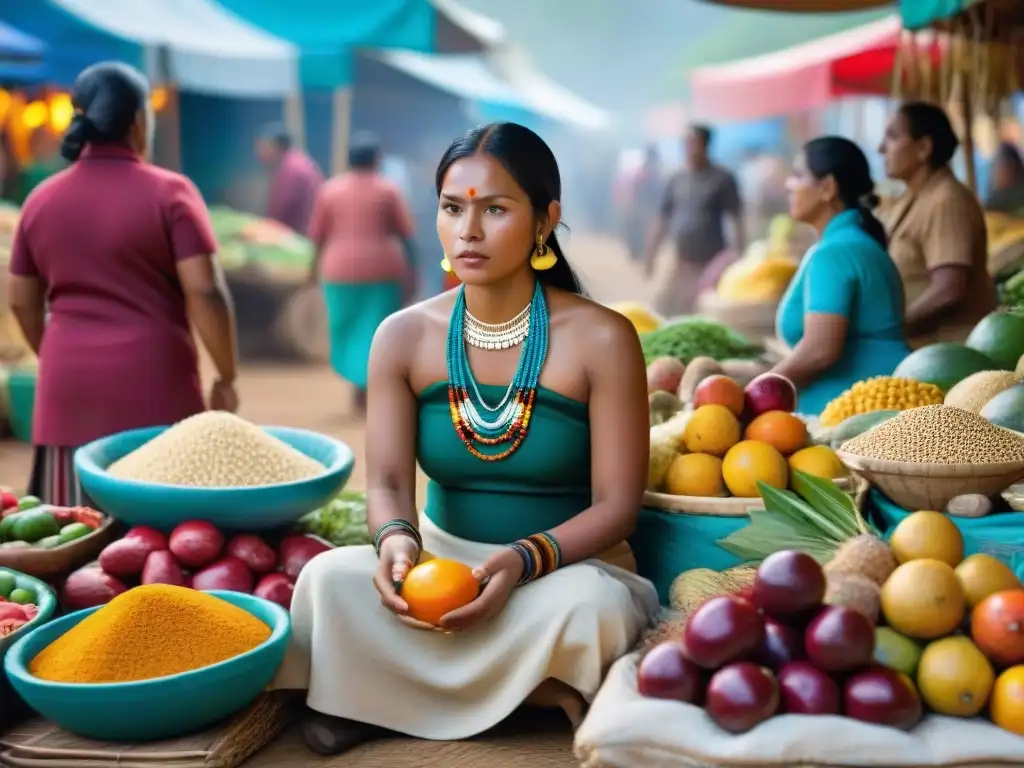 Escena vibrante de un mercado indígena con alimentos tradicionales coloridos