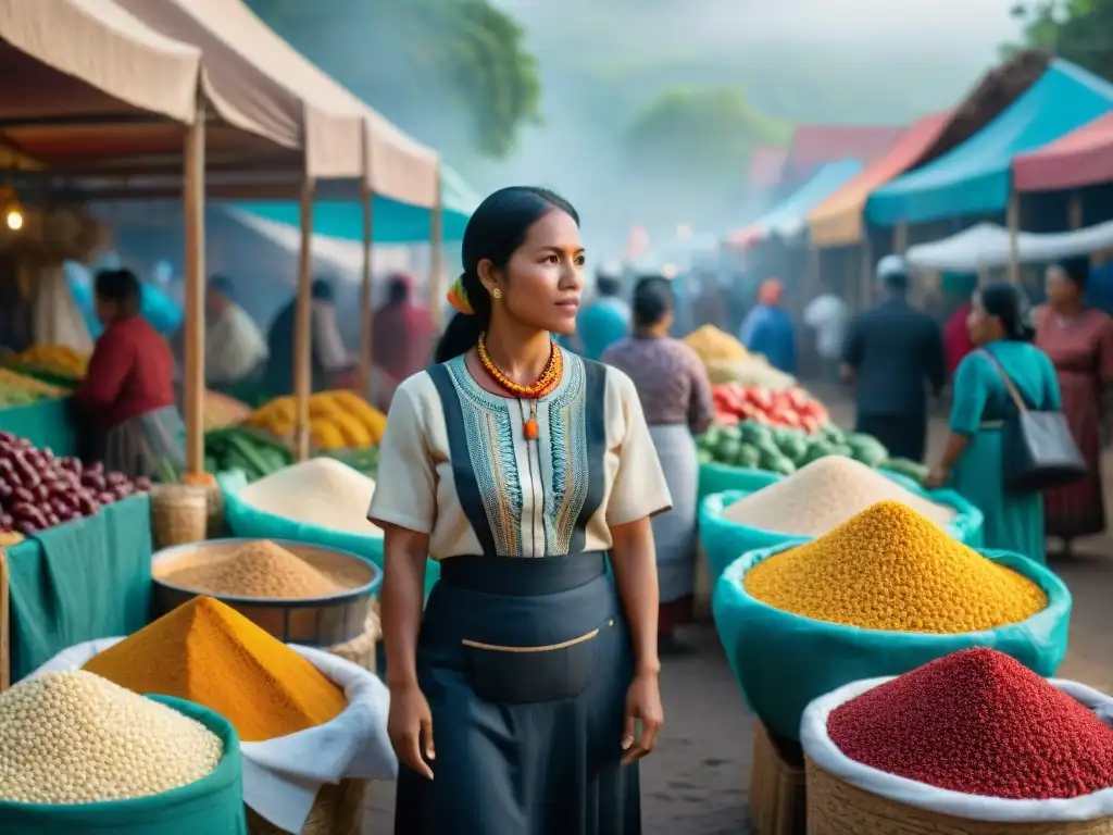 Escena vibrante de un mercado indígena en las Américas, resaltando la gastronomía, economía y cultura de la región