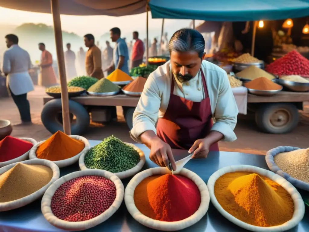 Escena vibrante de mercado indígena con sabores ancestrales y cocinero preparando plato innovador