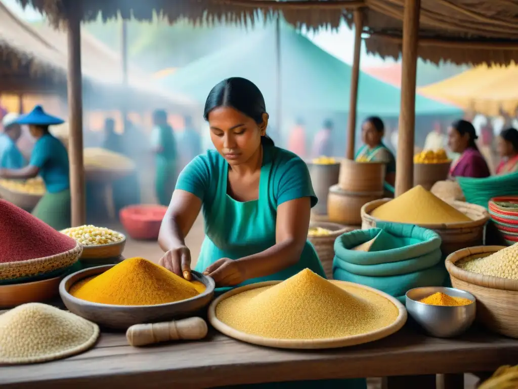 Escena vibrante de mercado indígena en Mesoamérica, resaltando la importancia del maíz en dietas indígenas