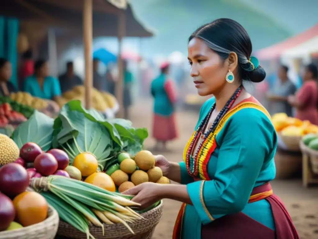 Escena vibrante de mercado indígena con mujeres vendiendo frutas y verduras coloridas