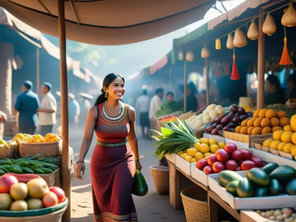 Una escena vibrante de un mercado indígena tradicional con colores brillantes y alimentos frescos