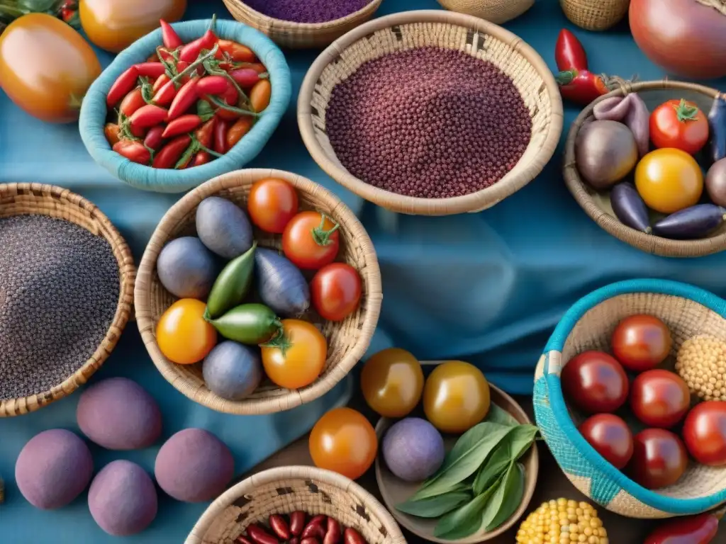 Una escena vibrante de mercado con ingredientes indígenas como tomates, papas y chiles en cestas tejidas