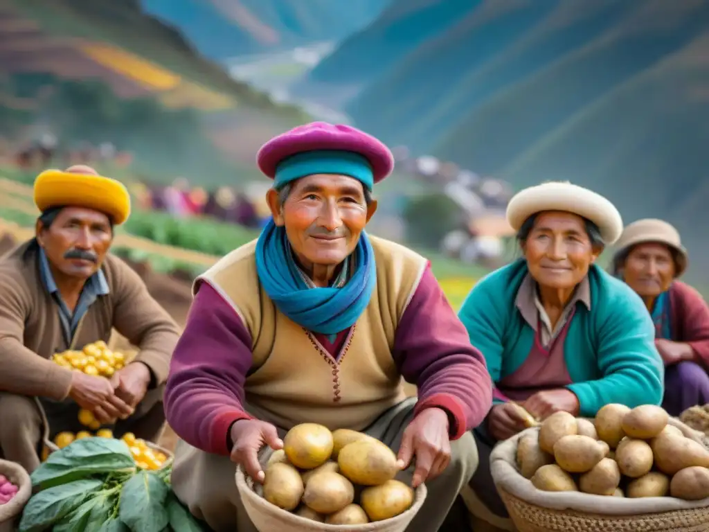 Una escena vibrante de un mercado local en los Andes, con papas andinas de colores y agricultores indígenas