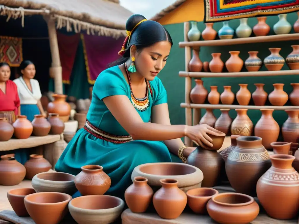 Escena vibrante de mercado prehispánico con fermentación tradicional de tepache