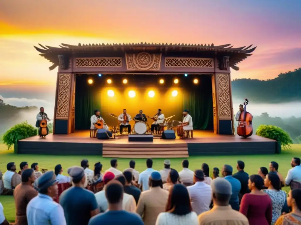 Escena vibrante: músicos indígenas tocan instrumentos ancestrales en un escenario de madera rodeado de vegetación, bajo un cielo atardecer