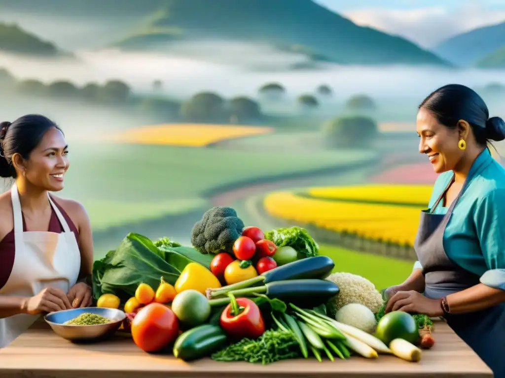 Una escena vibrante de prácticas sostenibles indígenas en la cocina, con agricultores y chefs alrededor de una mesa comunitaria llena de productos frescos y coloridos, en un entorno de campos verdes y utensilios de cocina tradicionales