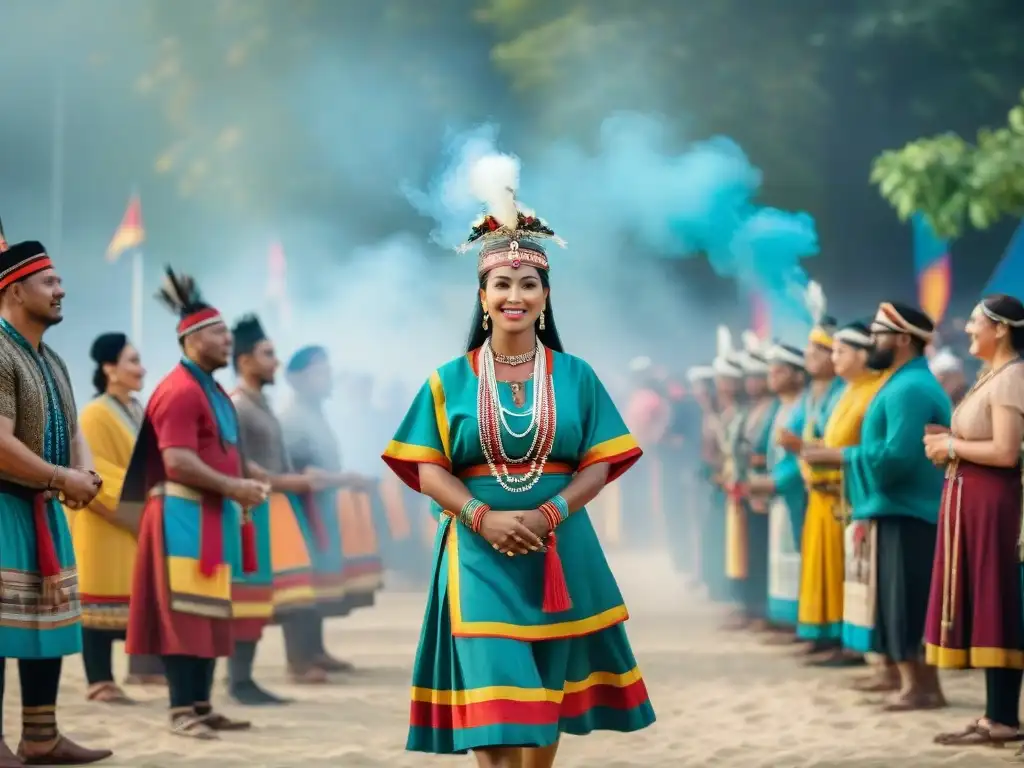 Escena vibrante de rituales festividades indígenas interculturales con personas diversas celebrando en un festival tradicional