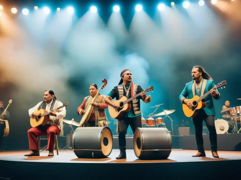 Un escenario vibrante con músicos indígenas contemporáneos de las Américas tocando instrumentos tradicionales ante un público diverso