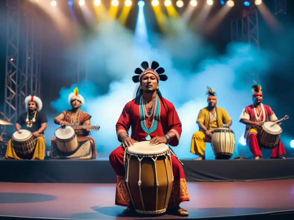 Un escenario vibrante con músicos indígenas de todo el mundo tocando instrumentos tradicionales en festivales internacionales de música indígena