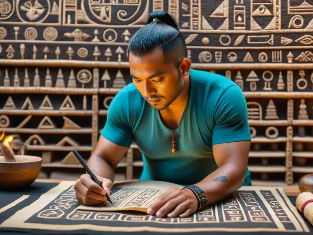 Un escriba maya detalladamente pinta coloridos jeroglíficos en papel amate, evocando reverencia por la evolución escritura indígena América