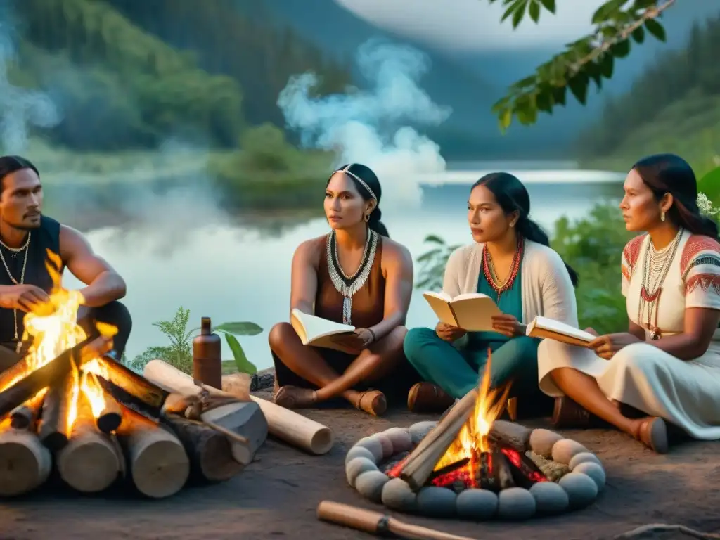 Escritores indígenas en comunidad, compartiendo historias alrededor de la fogata en la naturaleza