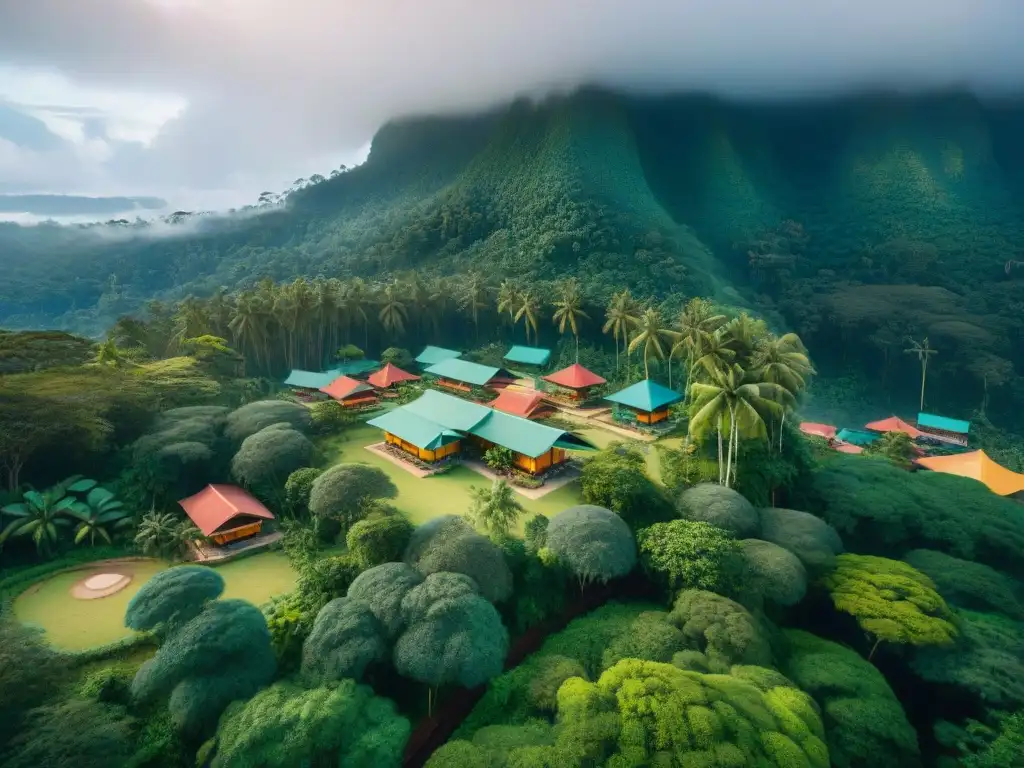 Escuela indígena en la selva: fusión de tradición y éxito educativo Escuela indígena innovadora: niños jugando en un entorno tropical con casas tradicionales coloridas