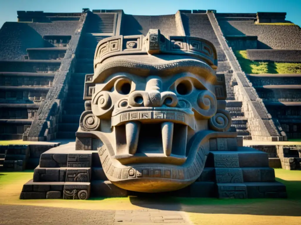 Esculpura de serpiente en Teotihuacán: detallada cabeza de serpiente tallada en piedra, parte de una gigantesca escultura