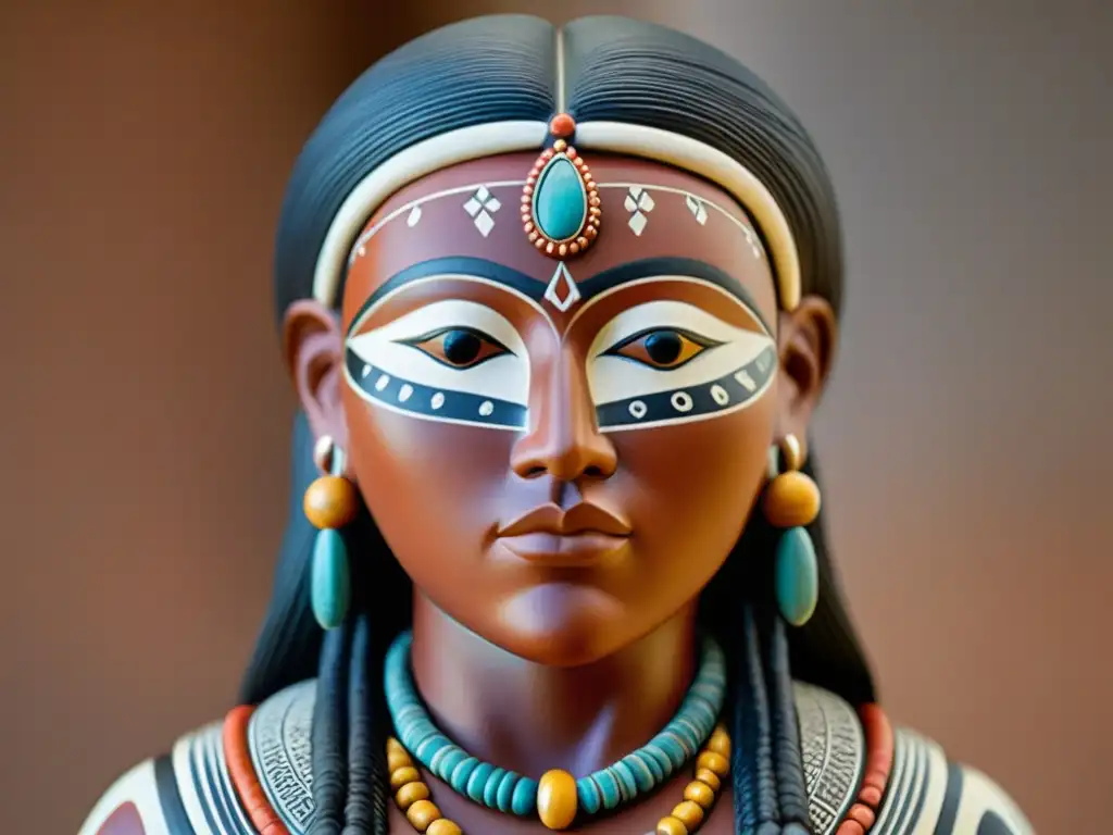 Escultura cerámica indígena: fuerza, sabiduría y resiliencia Escultura cerámica indígena de una figura femenina con simbolismo de fuerza, resiliencia y sabiduría, iluminada por luz natural cálida