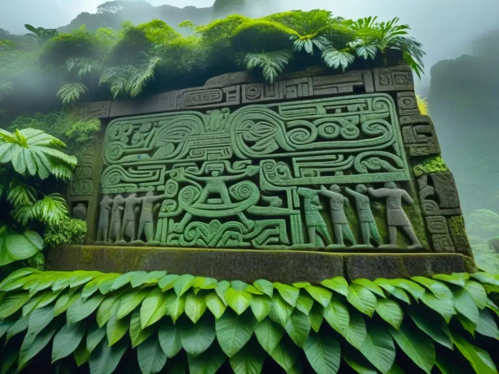 Escultura detallada de una deidad Chavín rodeada de adoradores, conectando con la lluvia y la espiritualidad