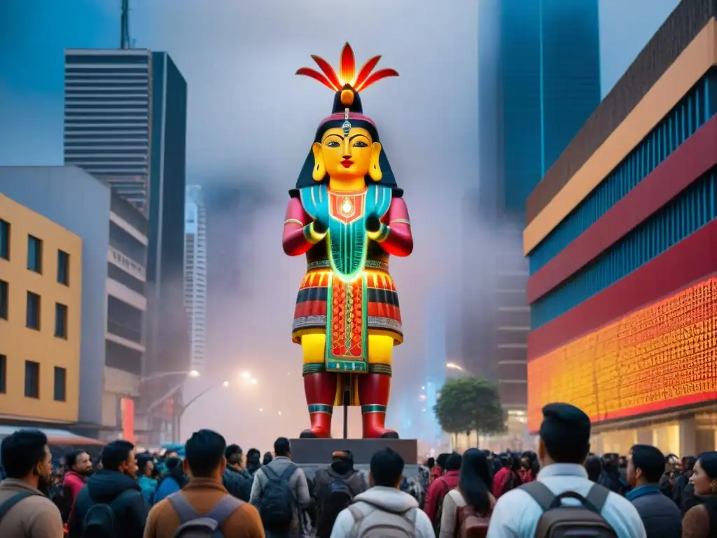 Una escultura gigante de una deidad inca entre rascacielos y luces neón, fusionando mitos andinos con lo contemporáneo