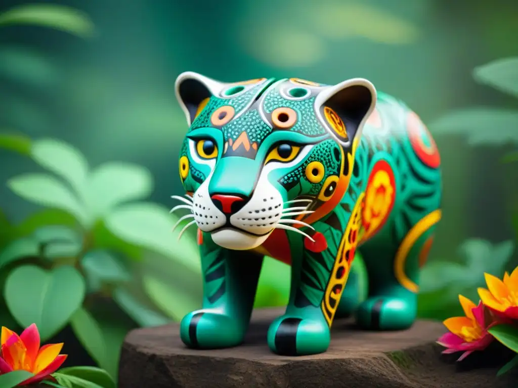 Escultura de jaguar con patrones florales vibrantes, simbolizando poder y naturaleza en el arte precolombino