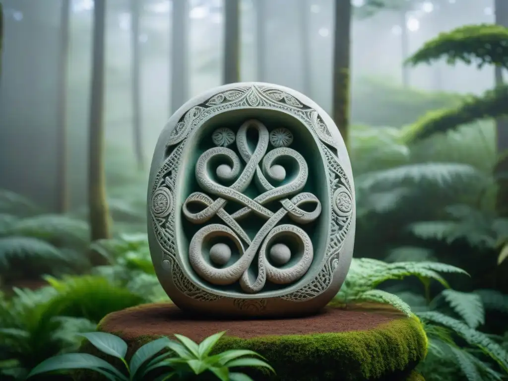 Una escultura de piedra indígena con intrincados símbolos naturales y espirituales tallados, rodeada de exuberante vegetación