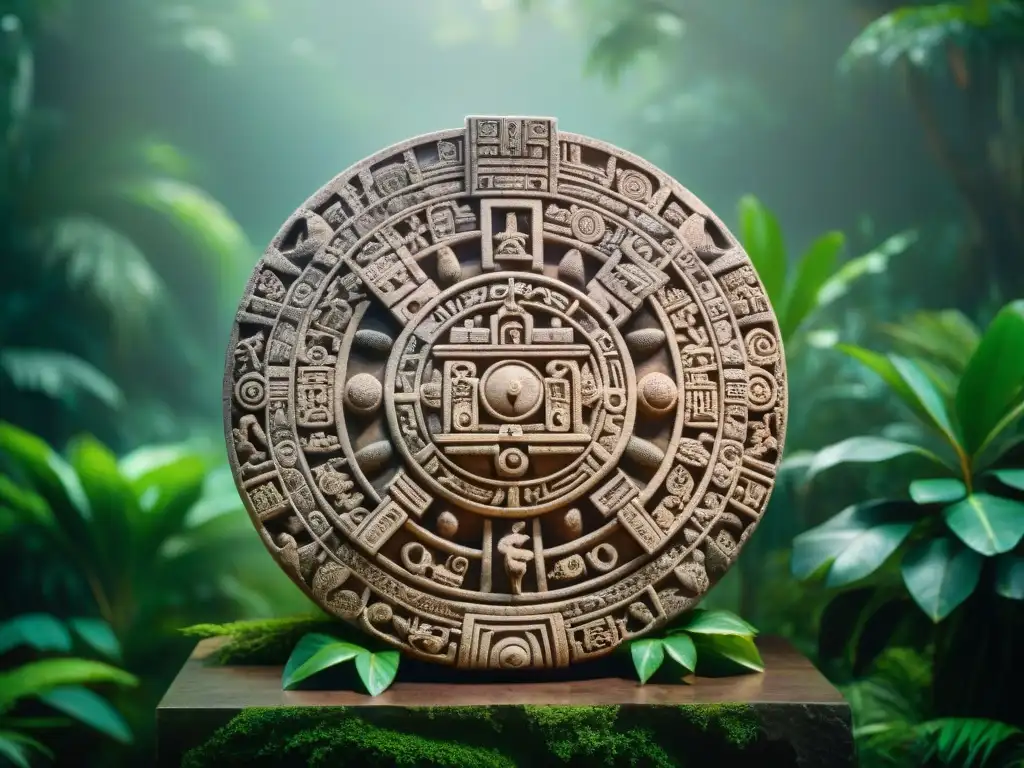 Escultura maya: calendario astronómico tallado en piedra Escultura de piedra precolombina con influencia astronómica maya, detallados glifos y patrones cósmicos, bañada en luz natural