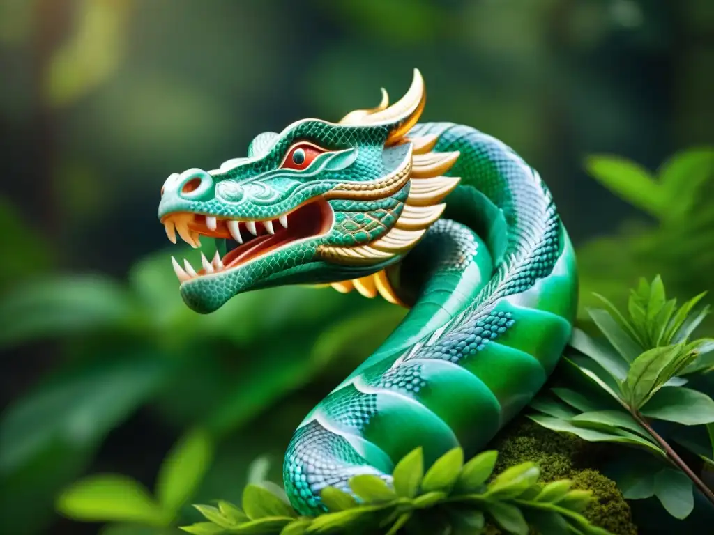 Una escultura de serpiente emplumada en jade, resplandeciendo bajo la luz natural