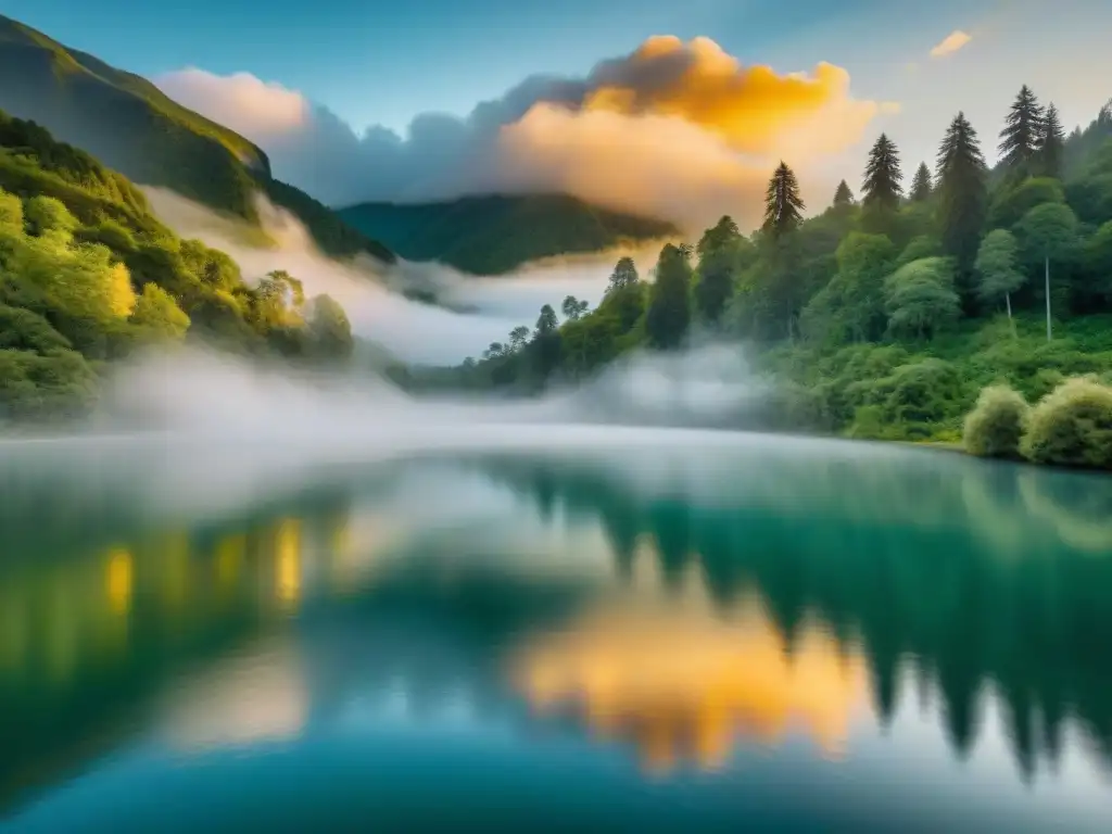 Espacios sagrados cosmovisión indígena: Lago sereno rodeado de bosques verdes, reflejando el atardecer dorado