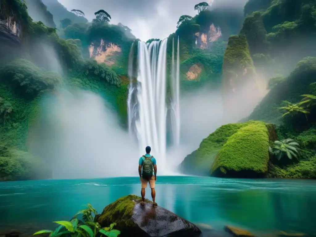 Espectacular cascada en selva verde, resaltando la importancia de preservar tierras indígenas y recursos naturales