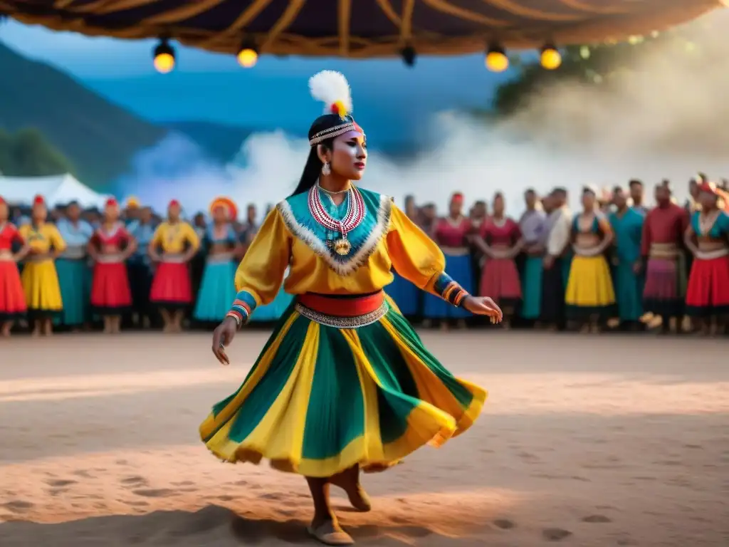 Espectáculo de danza indígena en competencia festiva al anochecer, un estallido de colores y patrones en movimiento, uniendo culturas