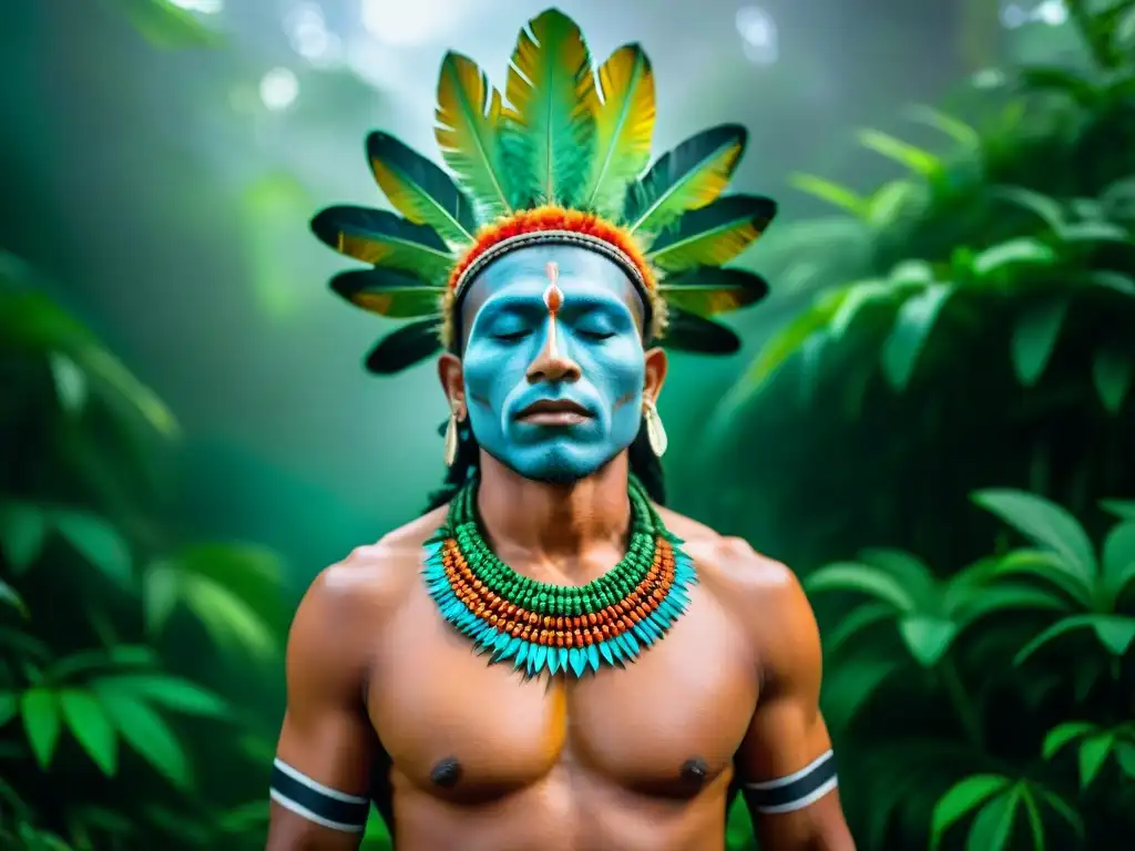 Guía espiritual indígena en estados alterados, realizando un ritual sagrado en la selva amazónica