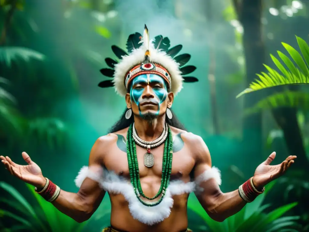 Guía espiritual indígena en estados alterados, ritual sagrado en la selva amazónica