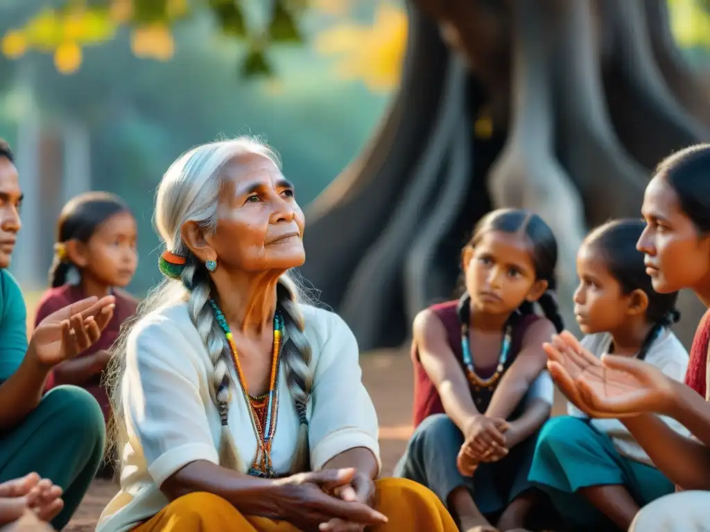 Comunicación espiritual en tradición oral indígena: anciana cuenta historia bajo árbol, rodeada de comunidad atenta