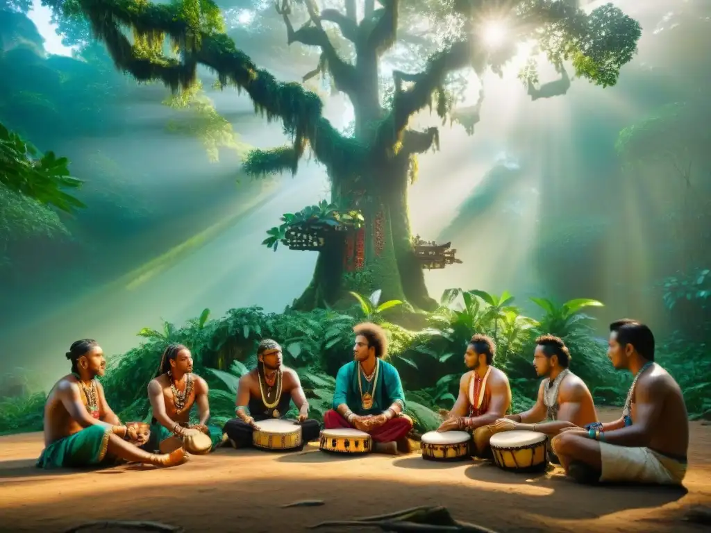 Conexión espiritual en la selva: músicos indígenas interpretan instrumentos tradicionales bajo un árbol ancestral