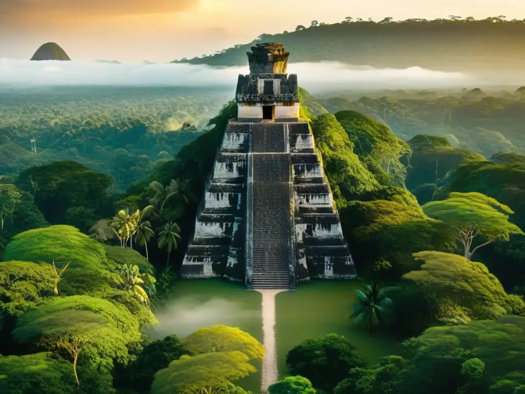 Espléndida vista aérea de Tikal al atardecer, donde los avances astronómicos mayas brillan en ruinas místicas