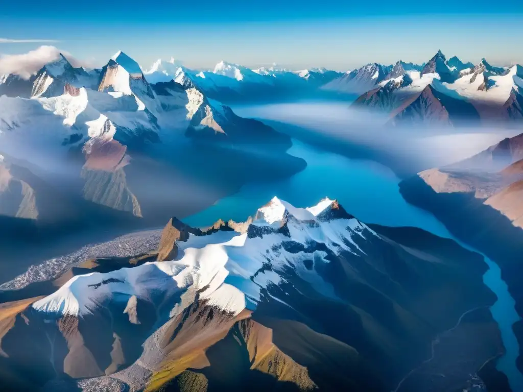 Espléndida vista aérea de los majestuosos glaciares andinos impactados por el cambio climático, contrastando con la comunidad andina