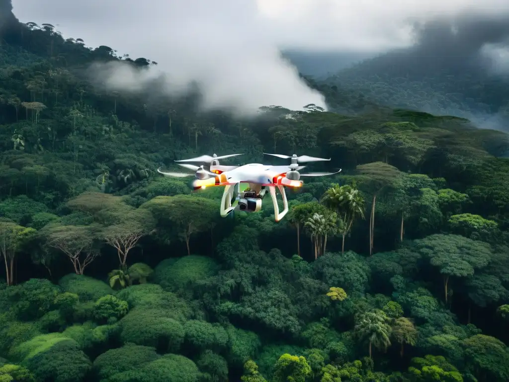 Una estación de monitoreo ambiental tradicional y tecnológica en la exuberante selva amazónica, con un dron moderno