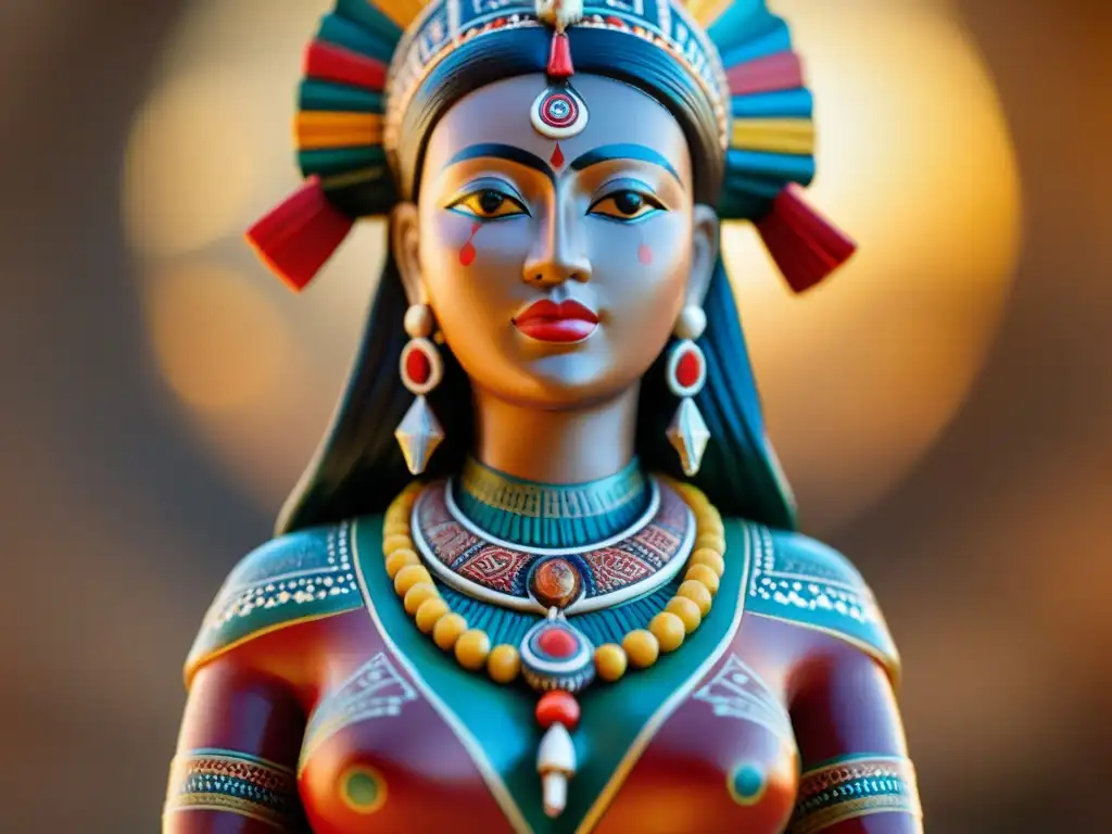 Deidad femenina: cerámica indígena, colores vibrantes Estatuilla cerámica femenina indígena con simbolismo y colores vibrantes