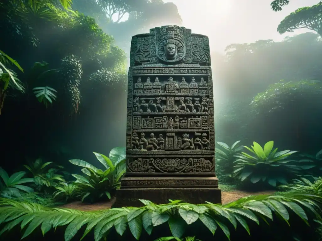 Estela Maya tallada: legado ancestral en la jungla Estela precolombina en la selva: tallada con figuras y glifos, resalta su arte indígena