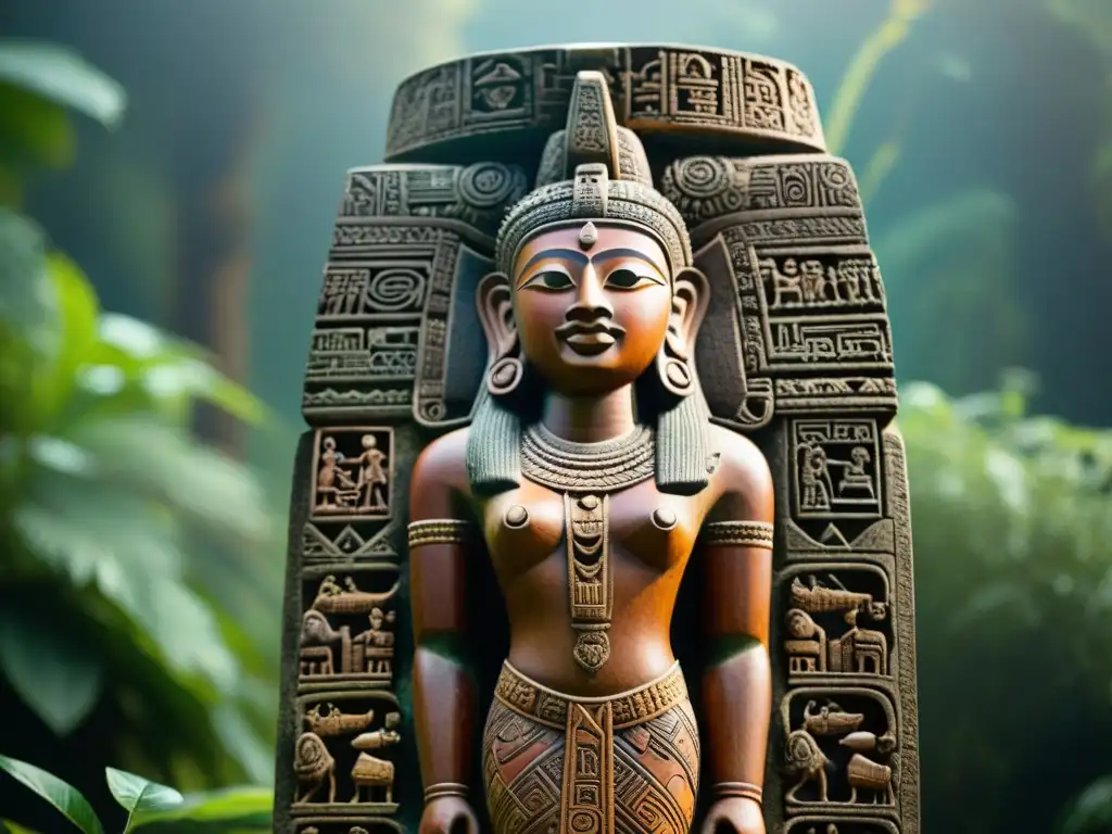 Estela precolombina: arte ancestral en piedra Una estela precolombina tallada con arte indígena en detalle, testigo de la rica historia y legado artístico de civilizaciones antiguas