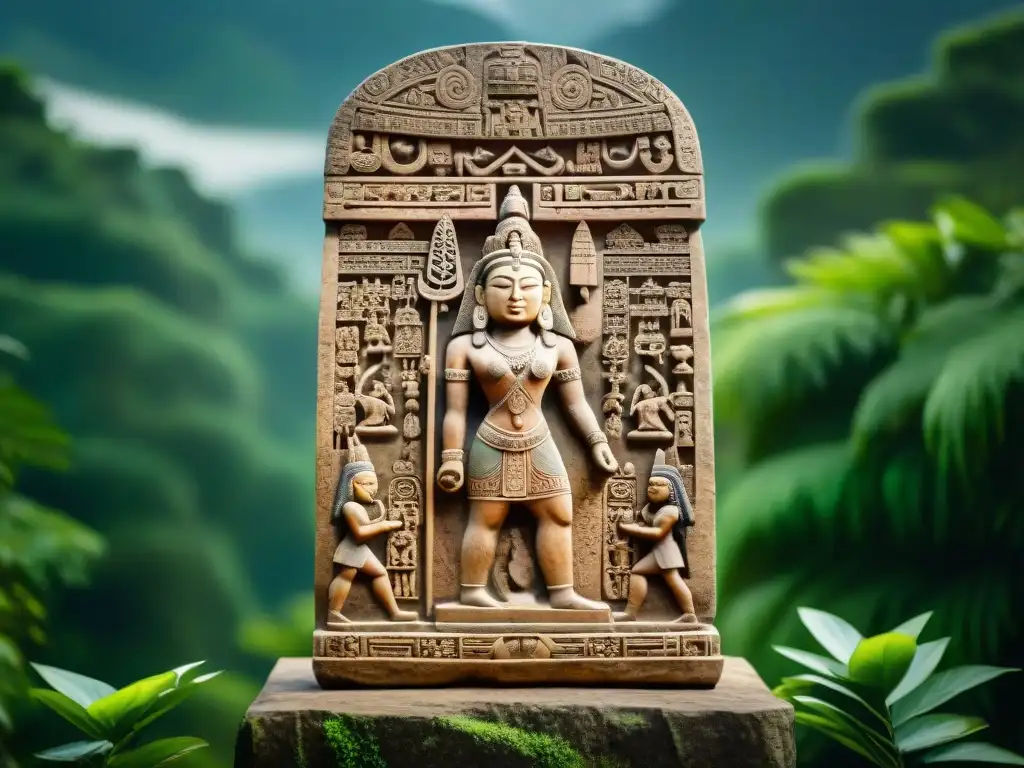 Estela precolombina detallada en 8k: arte e historia ancestral Estela precolombina tallada con arte indígena en detalle 8K, en medio de exuberante vegetación