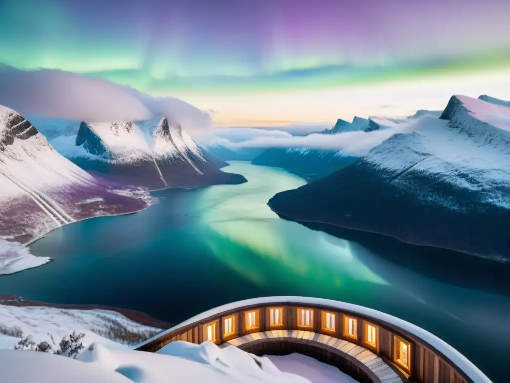 Una estructura de madera se fusiona con el paisaje nevado bajo la aurora boreal en el Mirador de Kjollefjord, Noruega