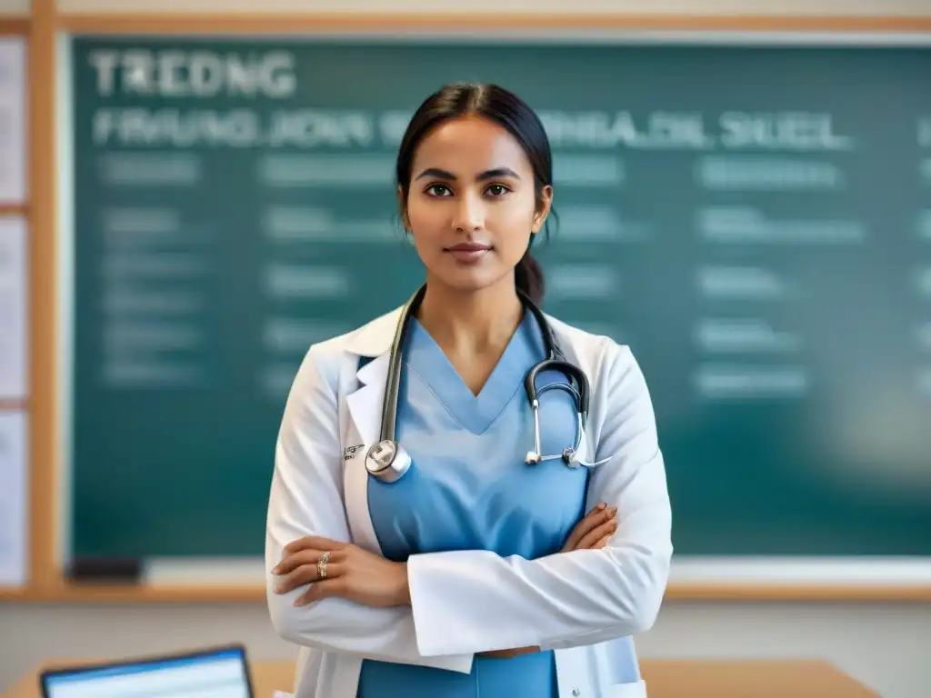 Un estudiante de medicina indígena con visión de futuro, fusionando tradición y modernidad en un aula llena de diagramas médicos complejos