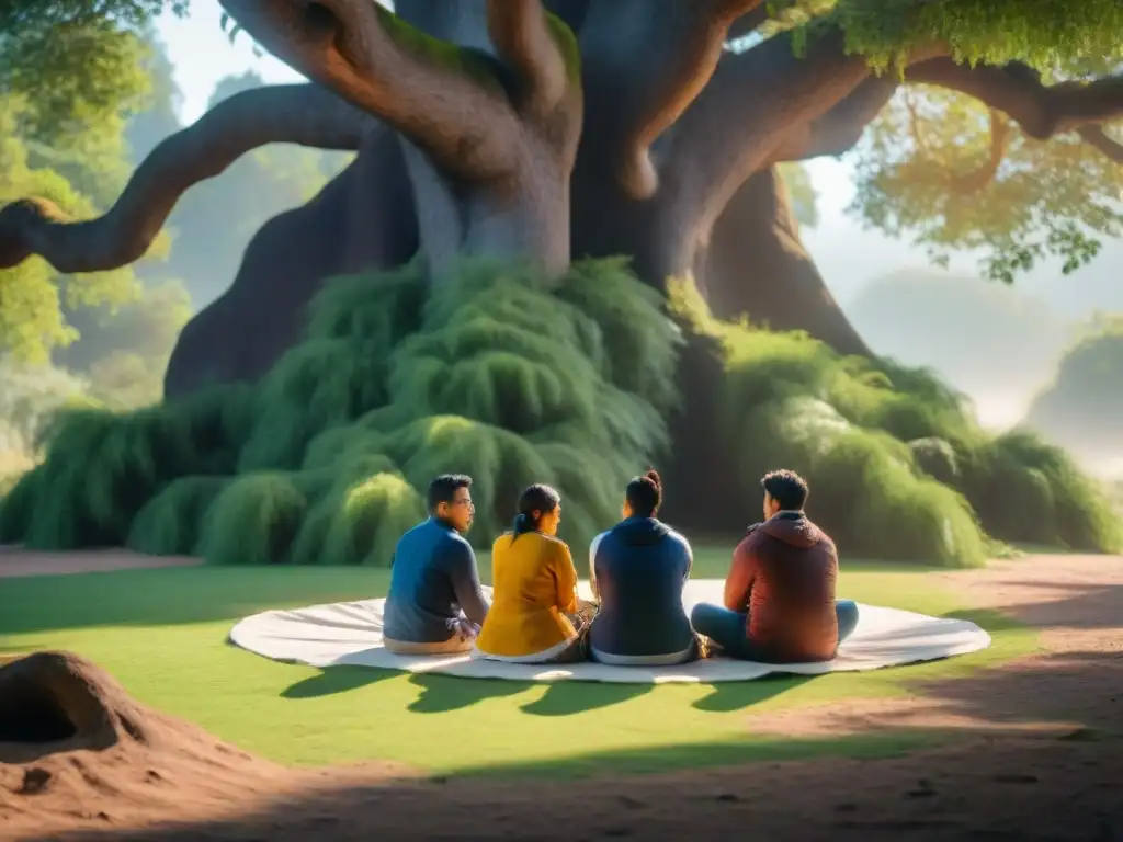 Estudiantes diversos comparten sabiduría bajo un árbol, integración saberes tradicionales educación bilingüe