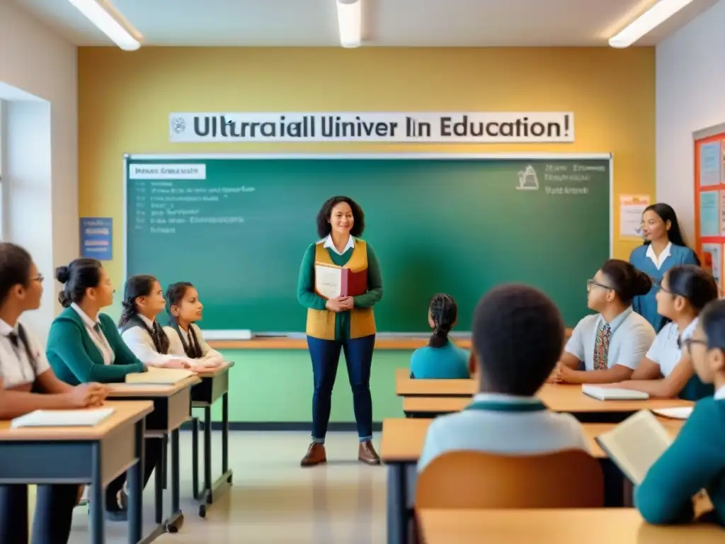 Estudiantes de diversas culturas en aula bilingüe con decoración cultural, libros en varios idiomas y profesor indígena