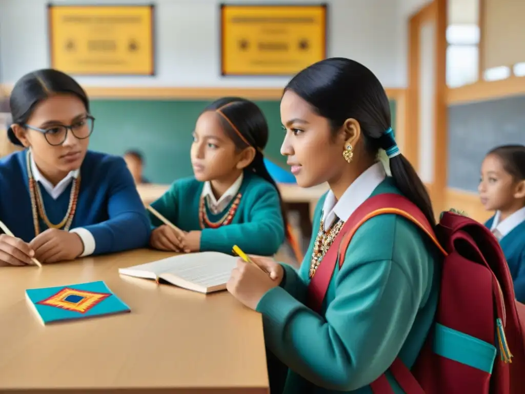 Estudiantes de diferentes culturas aprenden juntos en aula decorada con rituales festividades indígenas